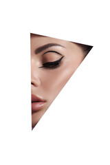 Beauty makeup women, eye brows eyelashes and lips in a triangular hole paper white background. Professional beauty makeup, place for text, copy space