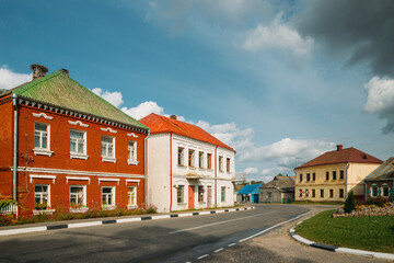 Fototapeta na wymiar Opsa, Braslav District, Vitebsk Region, Belarus. View Of Old Houses On Sovetskaya Street In Agro-town of Opsa