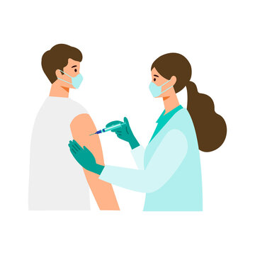 Concept for coronavirus vaccination. Doctor makes an injection of flu vaccine to  man.
