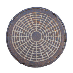Old metal rusty manhole cover iron sewer cap  isolated on white top view. 