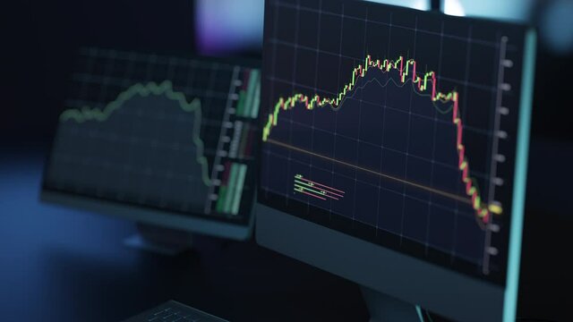 Stock market graph displayed on monitors. 3D Render. Crypto currency changing. Online market exchange. Chart of ethereum, bitcoin. Green, red candlesticks. Increase and decrease. Finance, business. 4K
