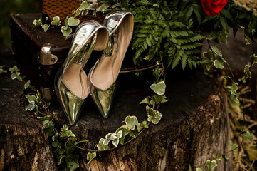 women's shiny shoes in a decor of flowers