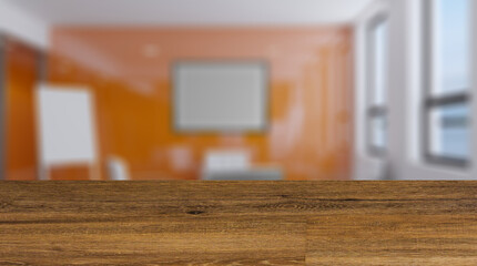 Background with empty wooden table. Flooring. Modern office Cabinet.  3D rendering.   Meeting room. Blank pain