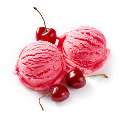 Cherry ice cream with cherry berries on white background. Ice cream with cherry sauce isolated for...