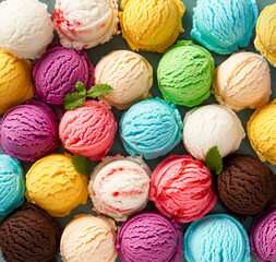 Assorted of scoops ice cream. Colorful set of ice cream of different flavours. Top view of ice cream isolated with mint, sauce - 437859842