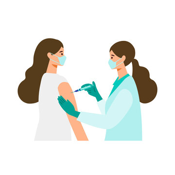 Concept for coronavirus vaccination. Doctor makes an injection of flu vaccine to  woman.