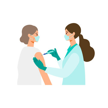 Concept for coronavirus vaccination. Doctor makes an injection of flu vaccine to elderly woman.