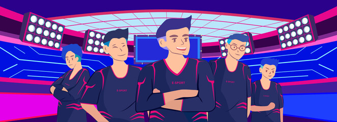 Portrait five e-sport athlete with background competition stadium, illustration picture. © athitat