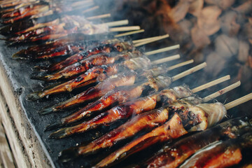 Cat fish barbecue grilled on hot charcoal stove in traditional way in Yogyakarta, Indonesia or...