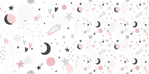 Space Dreams motif dessiné à la main sans couture enfantin avec la lune et les étoiles.