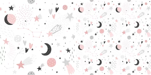 Foto auf Acrylglas Babyzimmer Space Dreams kindisch nahtlose handgezeichnete Muster mit Mond und Sternen.