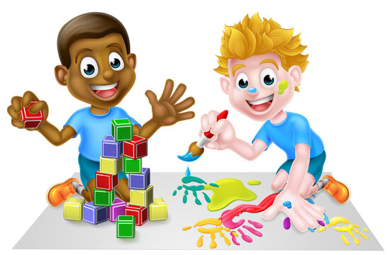 Cartoon Boys Playing With Blocks and Painting