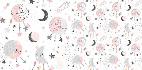 Space Dreams childish seamless hand drawn pattern with moon and stars.