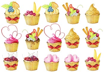 Watercolor hand painted cakes collection with thirteen cupcakes