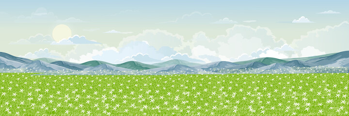 Spring landscape of daisy farm field and mountain with fluffy cloud, sun and blue sky. Wide panorama view on spring time with wild flower on green meadow on hill.Vector cute cartoon Summer background