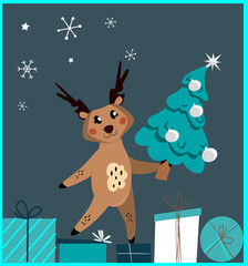 Happy New Year Advertising Banner.Christmas Shopping,Festive Purchases.Cute Cartoon pollard reindeer , Christmas Tree,Boxes of Gifts.Festive Holiday Poster,Card,Website.Advertising.Vector illustration