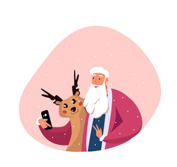 Merry Christmas and Happy Holidays Smiling funny Santa Claus take selfie with his friend fairy reindeer Greeting congratulation festive Christmassy card flyer New Year Cartoon Flat Vector Illustration