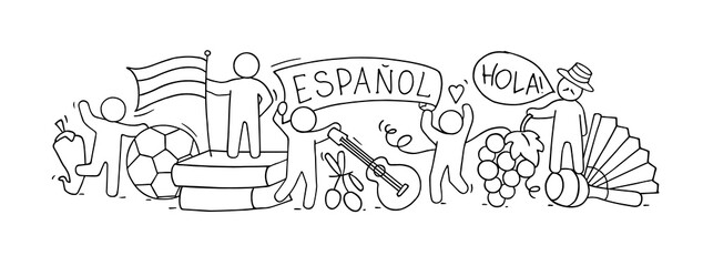 Fototapeta premium Banner with little peoplen and spanish symbols.