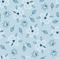 Tropical Floral pattern. Hibiscus Flowers and Leaves Seamless Pattern. Blue Background with Imitation Linen Burlap Texture.