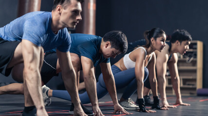 Group of multiethnic athlete doing exercise by mountain climbers pose