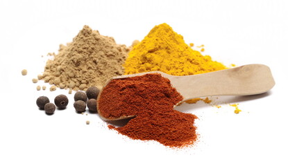 Allspice, pimento spice peppercorn, turmeric and ginger powder pile with red pepper powder in wooden spoon isolated on white background