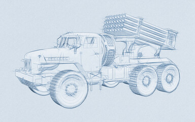 Blueprint Illustration of a Military Vehicle.