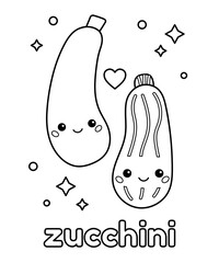 Cute cartoon zucchini with face. Coloring page for kids. Learn about healthy food. Outline vector illustration.