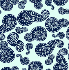 Simple and stylish vector seamless pattern with doodle spirals and squiggles similar to oriental cucumbers. Cheerful forms. Wallpaper and background with a repeating pattern. Fashionable print 