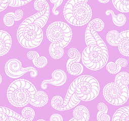 Simple and stylish vector seamless pattern with doodle spirals and squiggles similar to oriental cucumbers. Cheerful forms. Wallpaper and background with a repeating pattern. Fashionable print 