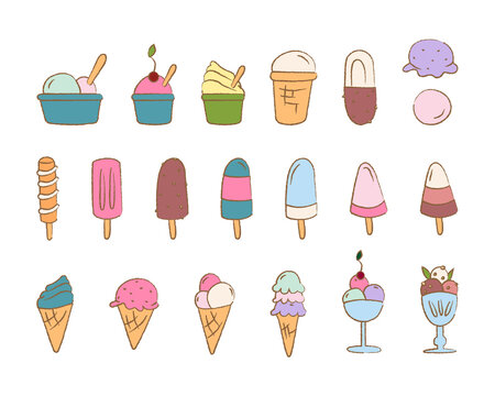 Set of hand drawn cute doodle ice creams of various types. Set of tasty frozen creamy desserts. Flat cartoon colored isolated vector illustration on white background