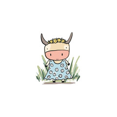 Cute sketch hand drawn color pencil cow in blue floral dress illustration. Bright cartoon summer childish funny farm animal for kids print design, textile decoration, greeting cards, stickers, logo