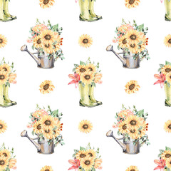 Watercolor gardening seamless pattern. Gardening tools and flowers background with rubber boots, seedling, gardening can and cutter. Farmhouse repeat - obrazy, fototapety, plakaty
