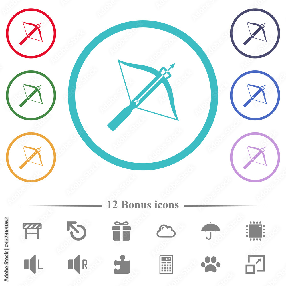 Poster crossbow with arrow flat color icons in circle shape outlines