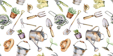 Watercolor gardening seamless pattern. Gardening tools and flowers background with rubber boots, seedling, gardening can and cutter. Farmhouse repeat - obrazy, fototapety, plakaty