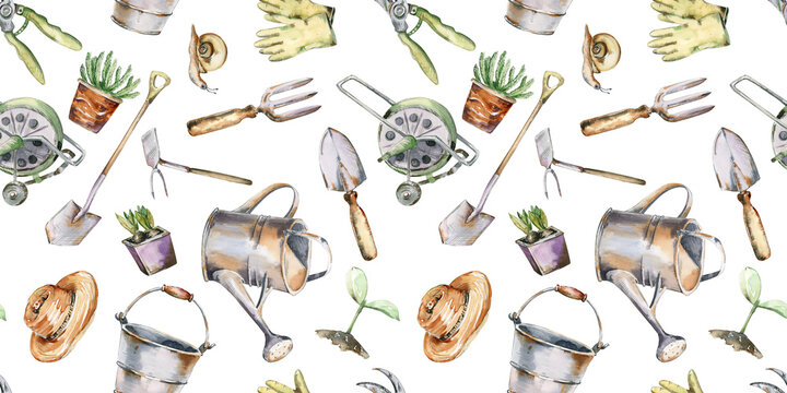 Watercolor gardening seamless pattern. Gardening tools and flowers background with rubber boots, seedling, gardening can and cutter. Farmhouse repeat