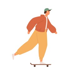 Young man riding skateboard, pushing with foot. Cool skater guy on skate board. Modern skateboarder moving forward. Flat vector illustration of street sport activity isolated on white background © Good Studio