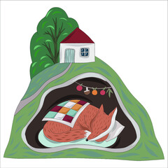 The fox is happy to live in a hole under a house and a tree in the fall. A cute fox prepares for hibernation in the fall. The fox sleeps under a patchwork quilt. Stocks on lima. Vector illustration