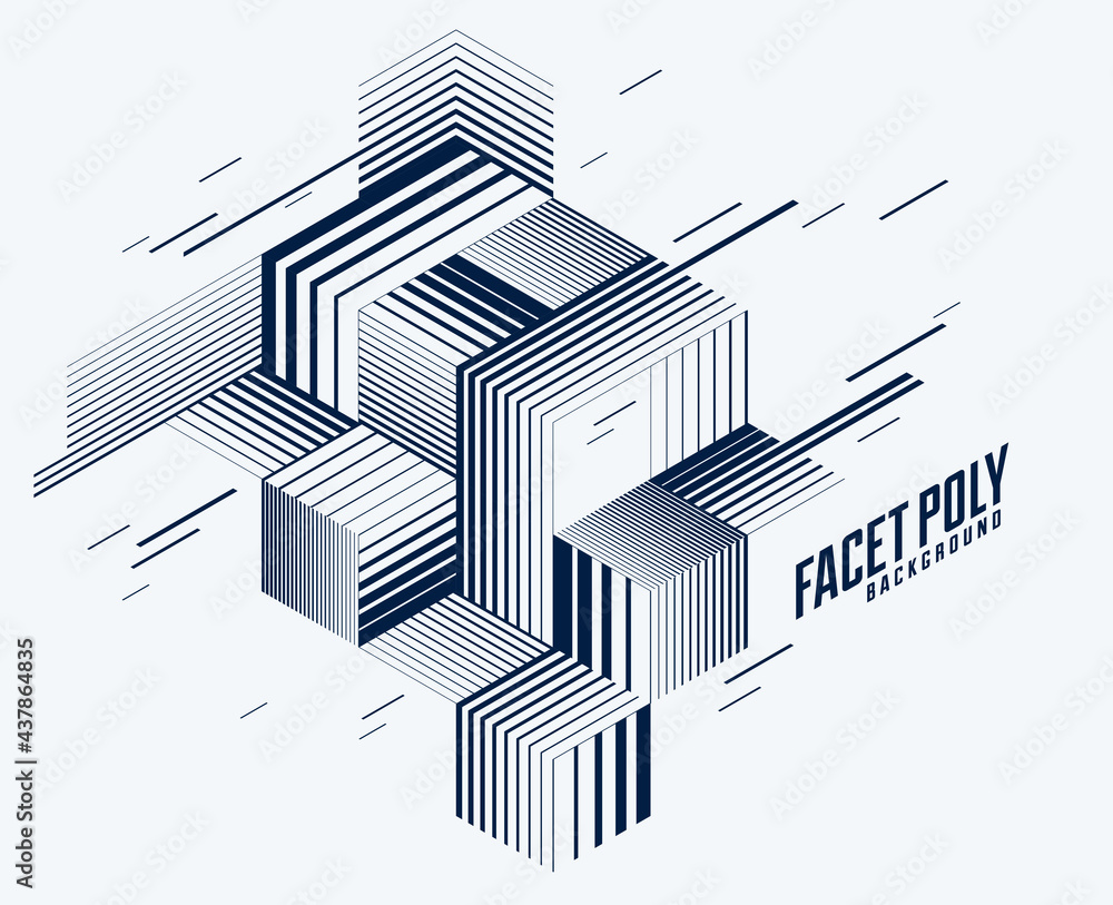 Poster abstract polygonal background with stripy triangles and 3d cubes vector design. template for differe