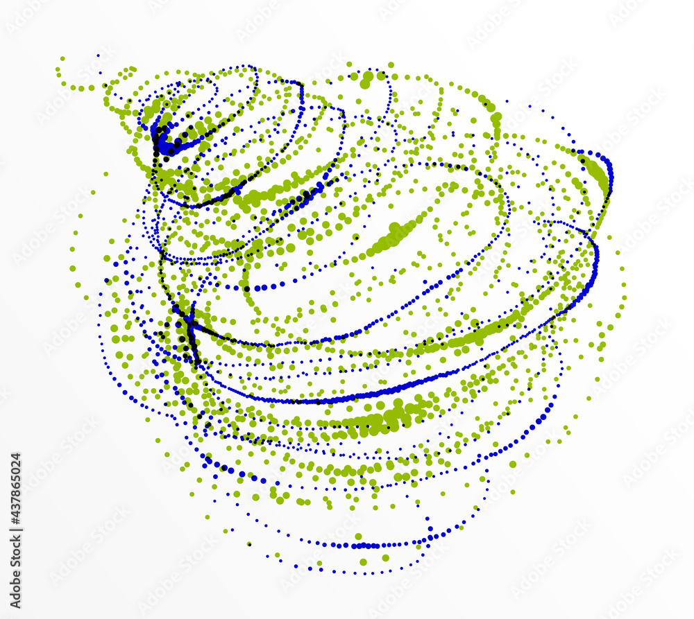 Poster dots particles flowing vortex vector abstract background, biology science theme whirl design, dynami