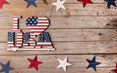 Obraz premium I love USA and stars ornament on wooden table