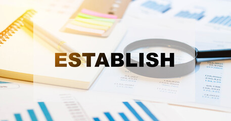 Establish. Financial word concept. Financial background with documents and magnifying glass