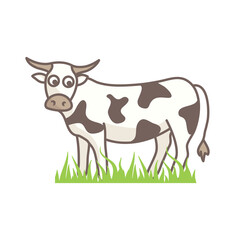 cow cute cartoon character animal, with green grass, flat kawaii style design vector