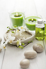 bath minerals and essential oils. pebbles and orchid flowers. tranquil SPA products.