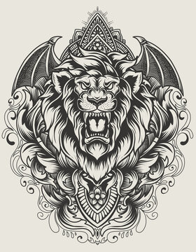 illustration vector lion head with vintage engraving ornament
