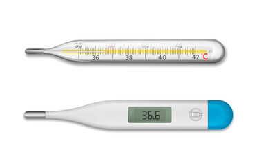 Vector flat cartoon realistic set of medical and digital thermometer isolated on white background.Vector illustration.