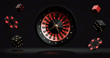 Black Red And Golden Roulette Wheel With Chips And Dices, Isolated On The Black Background. Casino Modern Concept - 3D Illustration 