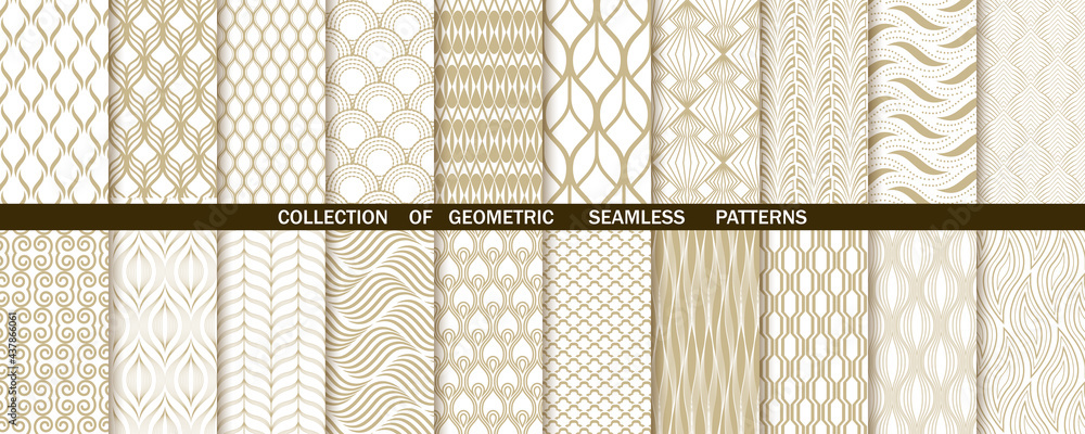 Wall mural geometric set of seamless gold and white patterns. simple vector graphics