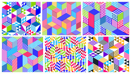 Materiał do szycia Seamless cubes vector backgrounds set, rhombus and triangles boxes repeating tile patterns, 3D architecture and construction, geometric designs.
