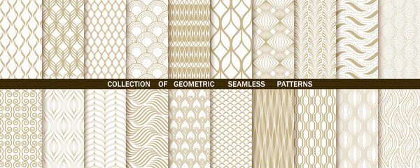 Geometric set of seamless gold and white patterns. Simple vector graphics