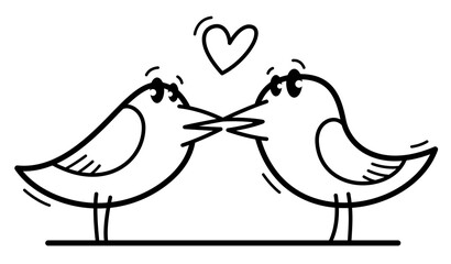 Two little cute birds lovers romantic kissing funny cartoon flat vector illustration isolated on white.